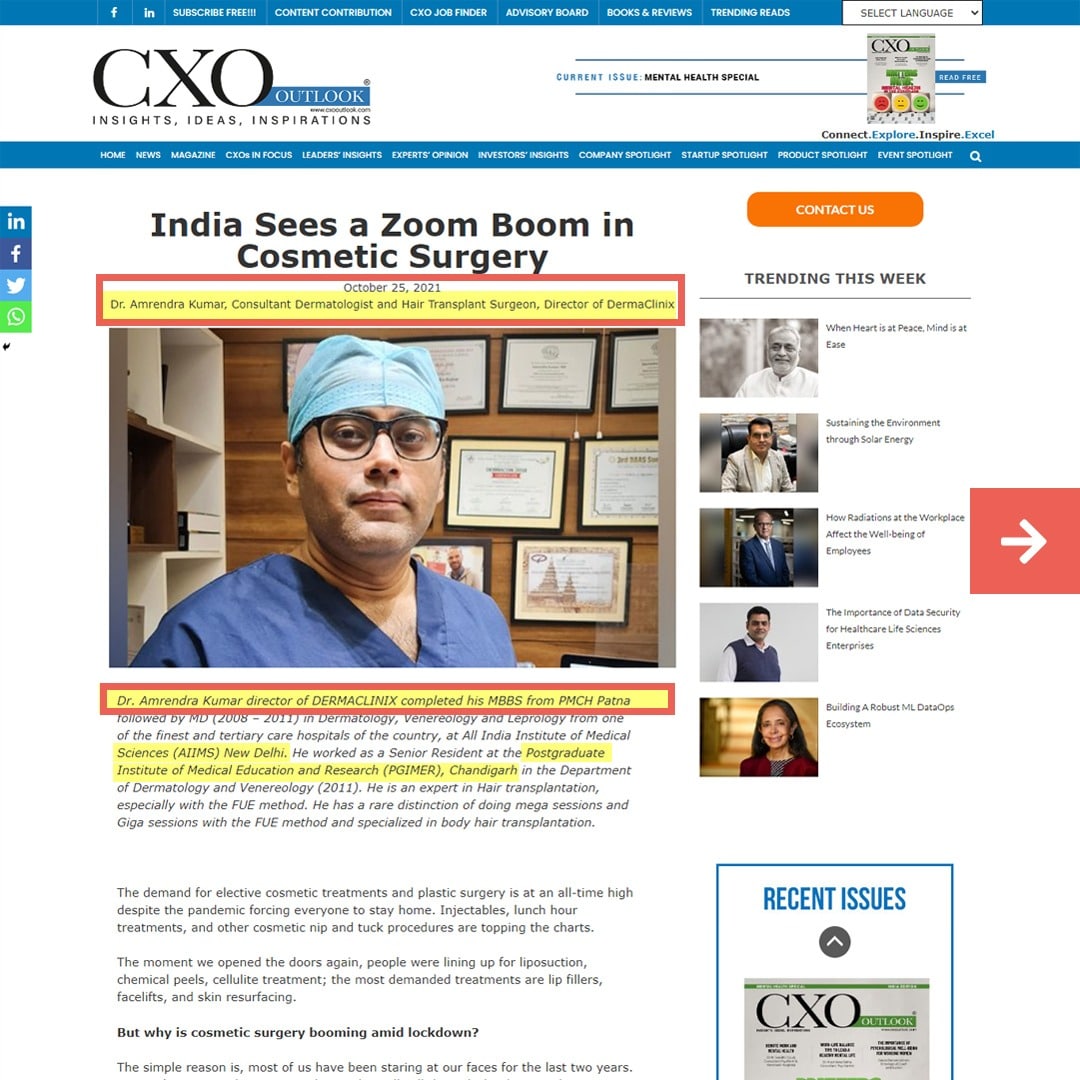 India Sees a Zoom Boom in Cosmetic Surgery published in CXO Outlook by Dr Amrendra