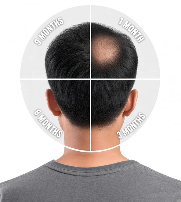 The same patient's crown at one, three, six and nine months after the procedure, shown as four quadrants of a single circle
